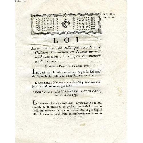 Loi, N° 801, Explicative De Celle Qui Accorde Aux Officiers Ministe... on Productcaster.