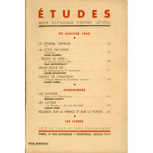 Etudes, Revue Catholique D'intérêt Général 2 . 20 Janvier 1940. Gam... on Productcaster.