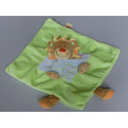 Doudou Plat Vert Pale Bleu Tête De Lion Nicotoy on Productcaster.