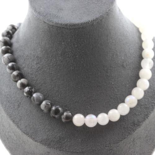 Collier Perles Pierre De Lune + Obsidienne Flocon De Neige 8 Mm. Co... on Productcaster.