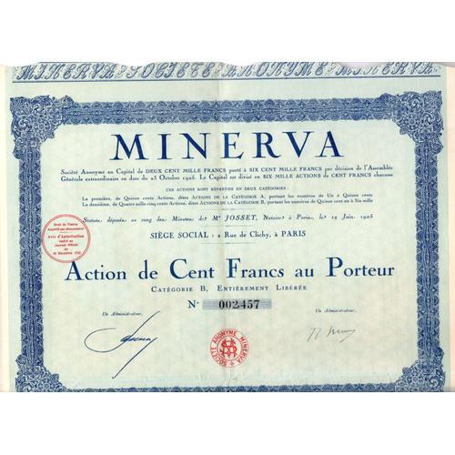 Minerva - Action De Cent Francs Au Porteur - Catégorie B, Entièreme... on Productcaster.