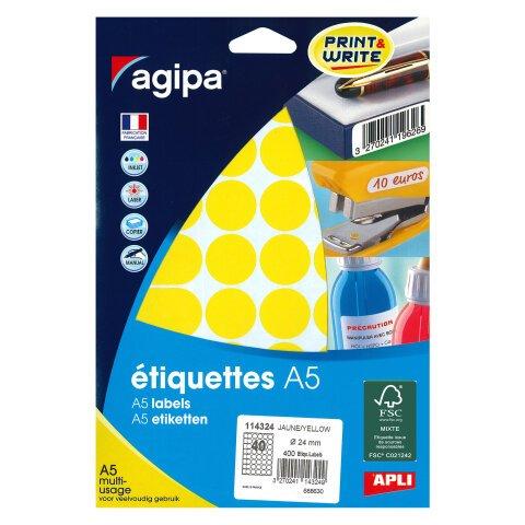 Pastille adhésive Ø 24 mm Agipa 114324 jaune - Boîte de 400 - Etiquettes couleurs - Bruneau on Productcaster.