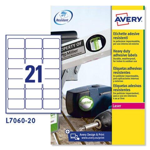 AVERY Etichette resistenti in poliestere bianco 63,5x38,1mm, 21 etichette per foglio, adesivo permanente, laser, 20 fogli Avery on Productcaster.