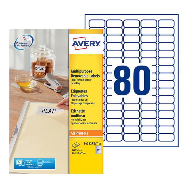 AVERY Étiquettes multi-usage amovibles toutes les imprimantes, 35,6 x 16,9 mm, 25 feuilles, 80 étiquettes par feuille, auto-adhésives, blanc on Productcaster.