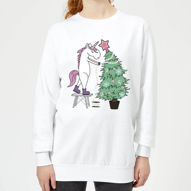 Unicorn Decorating The Christmas Tree Women's Sweatshirt - White - L - Weiß on Productcaster.