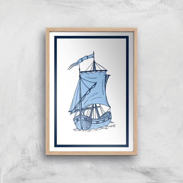 Blue Ship Giclee Art Print - A3 - Wooden Frame on Productcaster.