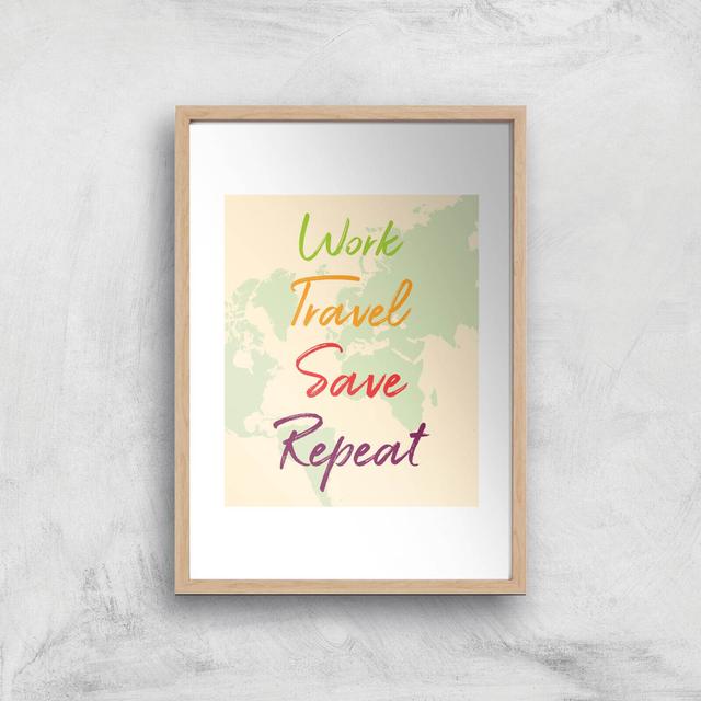 Work Travel Save Repeat Map Background Art Print - A3 - Wooden Frame on Productcaster.