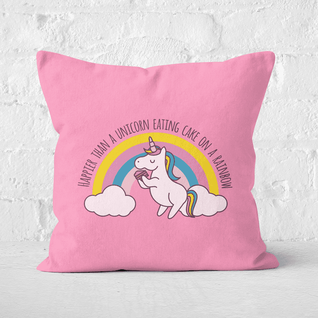 Happier Than A Unicorn Eating Cake Square Cushion - 40x40cm - Soft Touch on Productcaster.