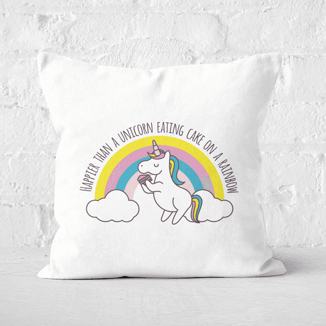 Happier Than A Unicorn Eating Cake Square Cushion - 60x60cm - Soft Touch on Productcaster.