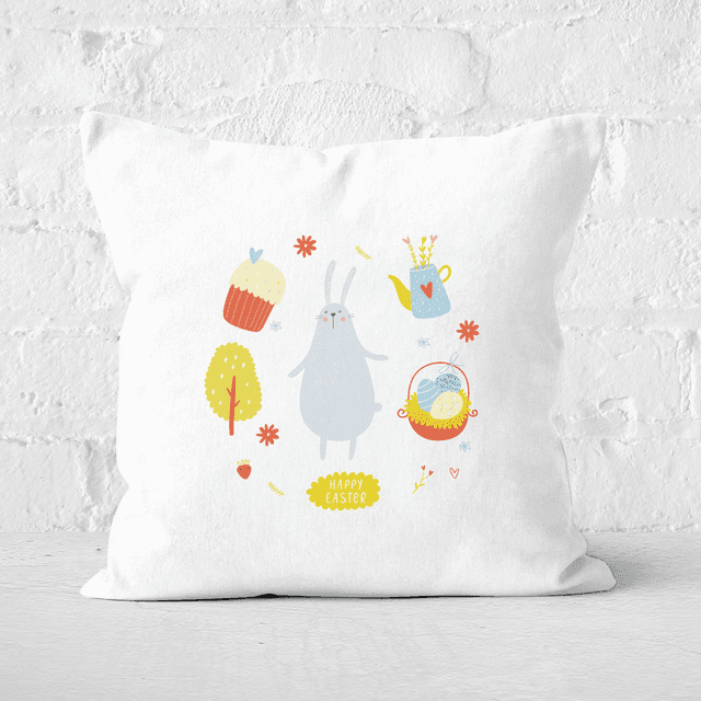 Pressed Flowers Bunny Easter Picnic Square Cushion - 50x50cm - Soft Touch on Productcaster.