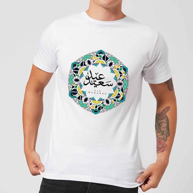 Eid Mubarak Patterned Wreath Cool Tones Men's T-Shirt - White - XL - Weiß on Productcaster.