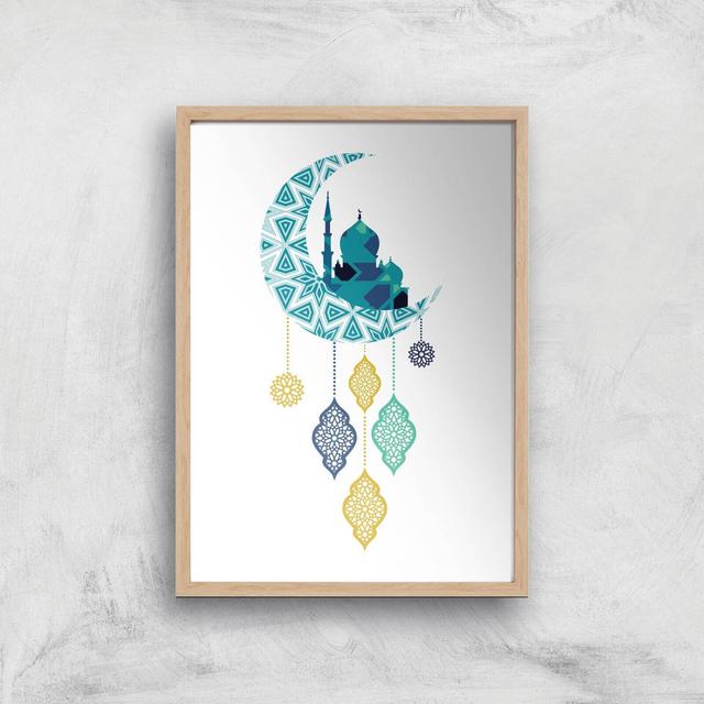 Eid Mubarak Moon Charm Giclee Art Print - A4 - Wooden Frame on Productcaster.