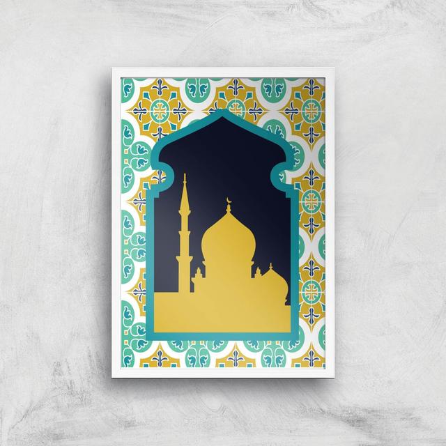 Eid Mubarak Golden Pattern With Window Giclee Art Print - A3 - White Frame on Productcaster.