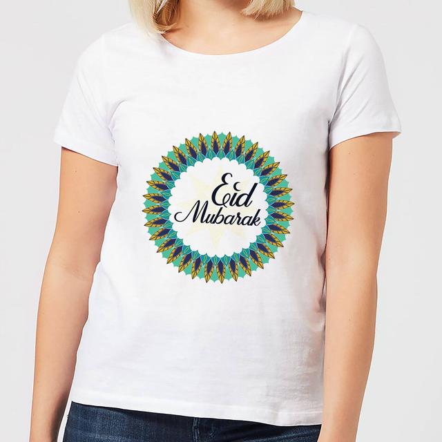 Eid Mubarak Peacock Coloured Wreath Women's T-Shirt - White - XL on Productcaster.