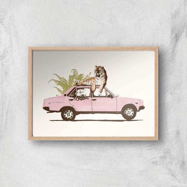 Tiger On Car Giclee Art Print - A4 - Wooden Frame on Productcaster.