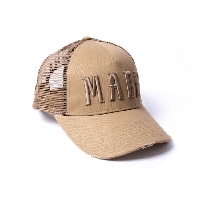 Milliner Almond Distressed Cotton Trucker Made 3D Embroidered Stein on Productcaster.