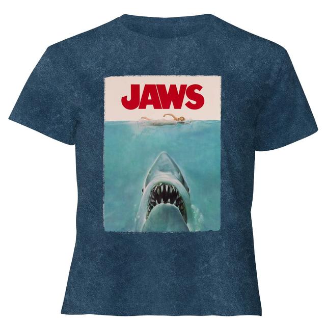 Jaws Classic Poster - Women's Cropped T-Shirt - Navy Acid Wash - XS - Navy Acid Wash on Productcaster.