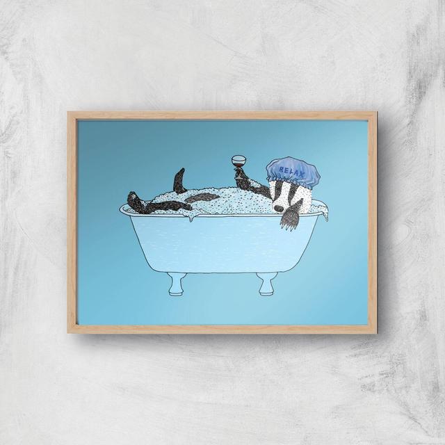 Bathing Badger Giclee Art Print - A4 - Wooden Frame on Productcaster.