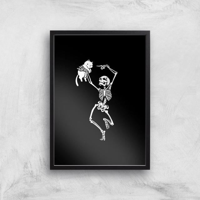 Dancing Skeleton With A Cat Giclee Art Print - A3 - Black Frame on Productcaster.