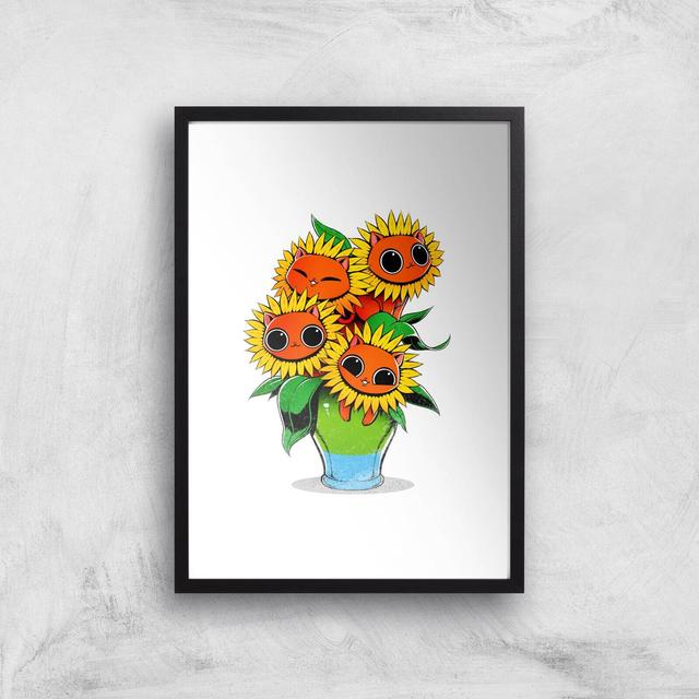 Sunflower Cat Giclee Art Print - A3 - Black Frame on Productcaster.