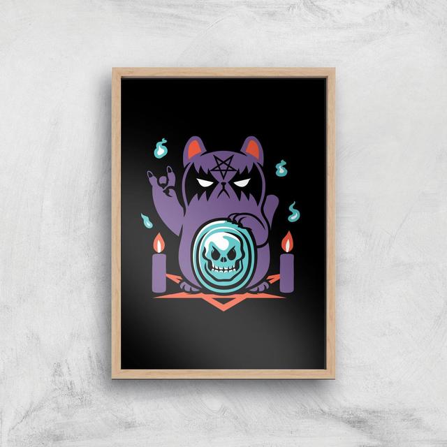 Bad Luck Satanic Cat Manekineko Giclee Art Print - A4 - Wooden Frame on Productcaster.