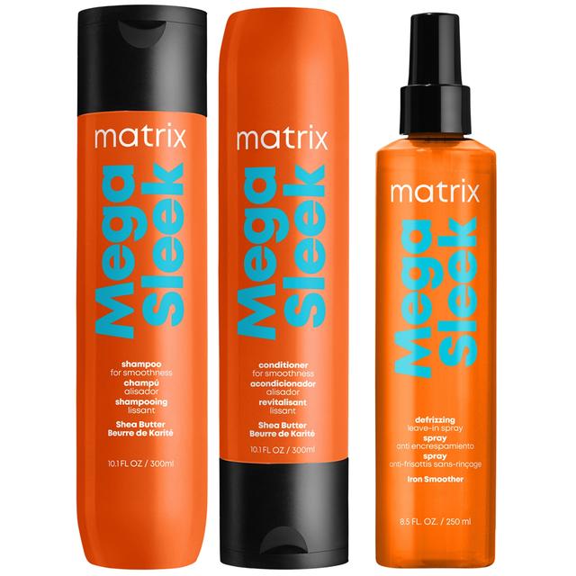 Matrix Mega Sleek Shea Butter Smoothing Shampoo, Conditioner and Iron Smoother Heat Protection Routine for Frizzy Hair on Productcaster.