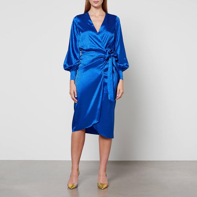 Never Fully Dressed Blue Jacquard Wrap Satin Midi Dress - M on Productcaster.