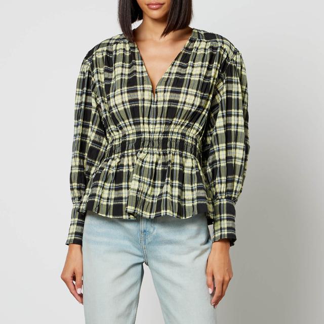 Ganni Checked Organic Cotton-Blend Seersucker Blouse - EU 44/UK 16 on Productcaster.