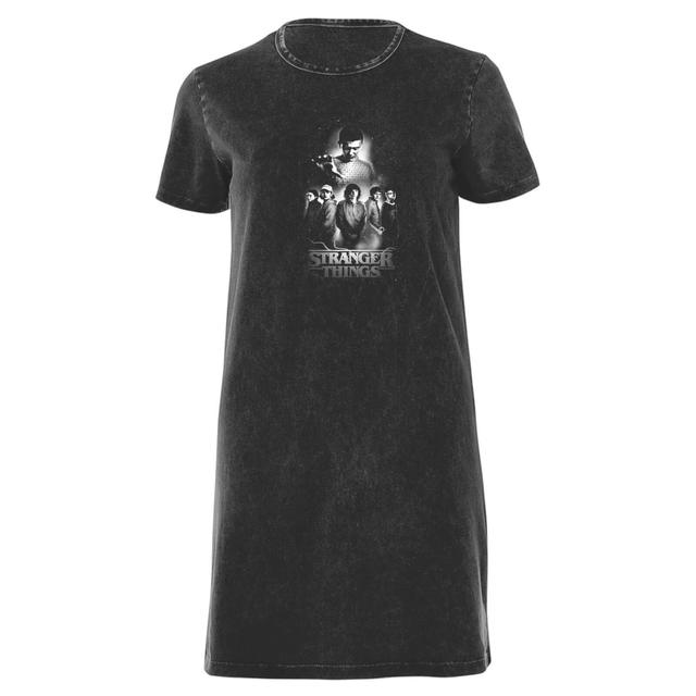 Stranger Things B&W Characters Composition Women's T-Shirt Dress - Black Acid Wash - S - Black Acid Wash on Productcaster.