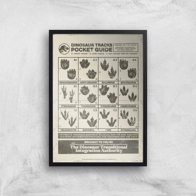 Lámina de arte giclee Dino Tracks Pocket Guide de Jurassic World - A3 - Black Frame on Productcaster.