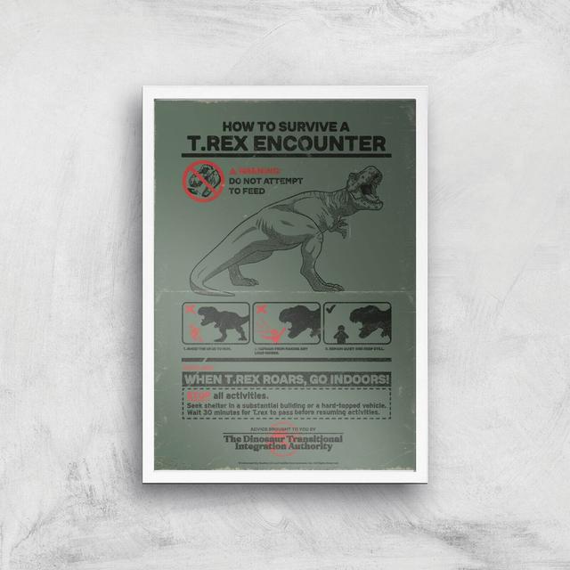 Jurassic World How To Survive A T-Rex Encounter Giclee Art Print - A3 - White Frame on Productcaster.