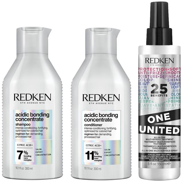 Redken Acidic Bonding Concentrate Shampoo, Conditioner and One United Multi-Benefit Leave-In Treatment Bond Repair Bundle on Productcaster.