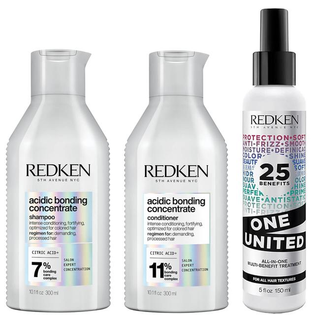 Redken Acidic Bonding Concentrate Shampoo, Conditioner and One United Multi-Benefit Leave-in Treatment Bond Repair Bundle on Productcaster.