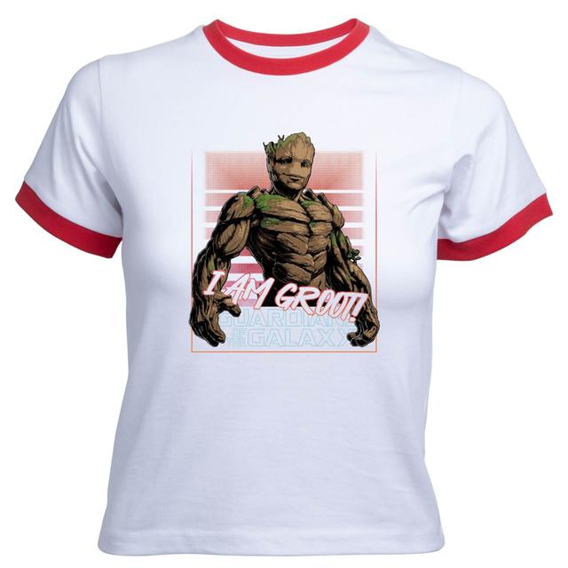 Guardians of the Galaxy I Am Retro Groot! Women's Cropped Ringer T-Shirt - White Red - M on Productcaster.