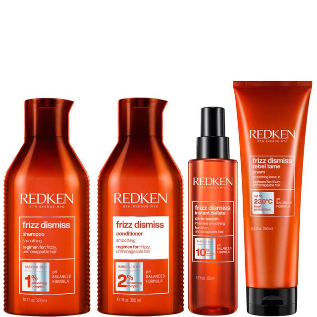 Redken Frizz Dismiss Shampoo, Conditioner, Treatment and Hair Serum Routine for Smoothing Frizzy Hair on Productcaster.