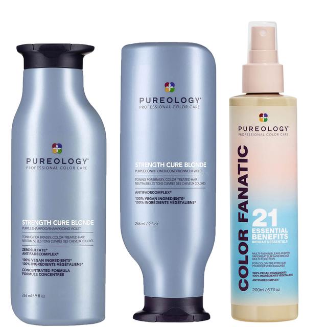 Pureology Strength Cure Blonde Purple Shampoo, Conditioner and Color Fanatic Spray Routine for Toning Brassy Hair on Productcaster.