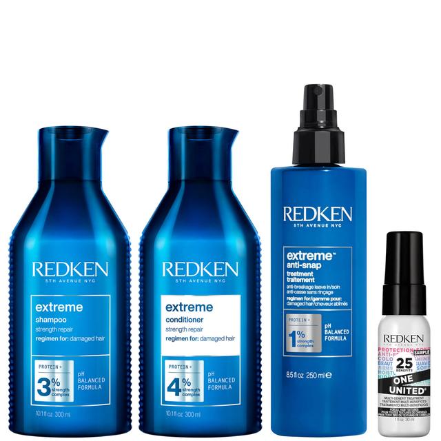 Redken Extreme Shampoo 300ml, Conditioner 300ml, Anti Snap 250ml and One United 30ml Bundle for Damaged Hair (Worth £76.32) on Productcaster.