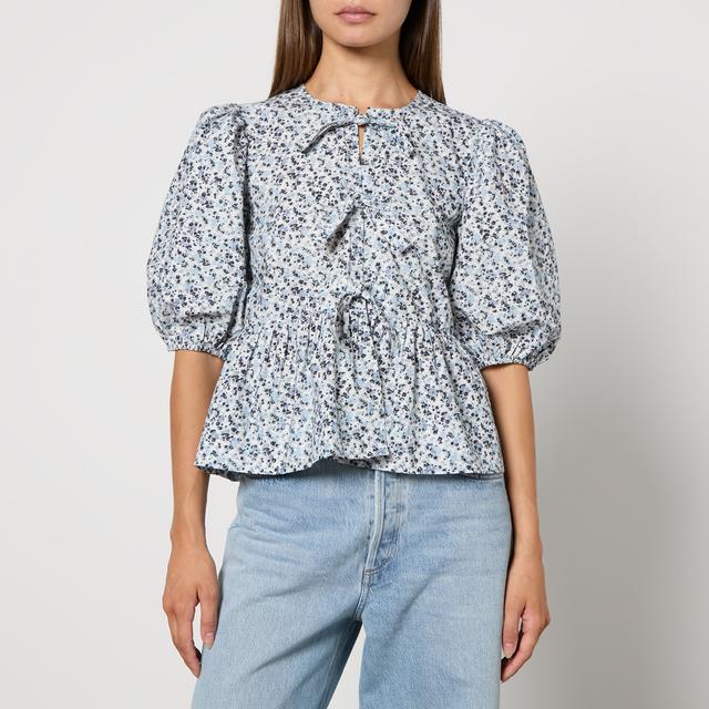 Ganni Printed Cotton-Poplin Peplum Blouse - EU 44/UK 16 on Productcaster.