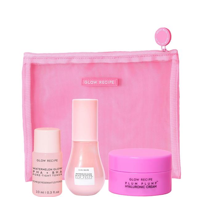 Glow Recipe Bestsellers Travel Trio: Watermelon Toner, Dew Drops and Plum Cream in Pink Mesh Pouch on Productcaster.