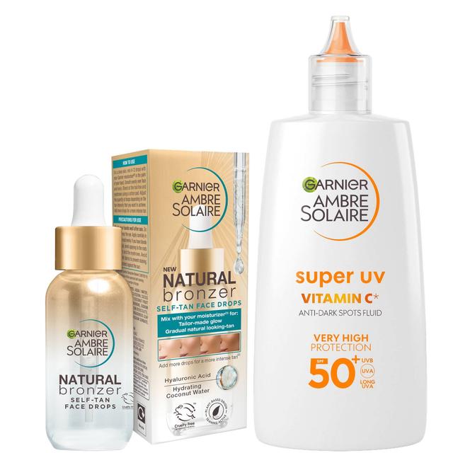 Garnier Glow and Protect Duo: Natural Bronzer Self-Tan Drops and Ambre Solaire Vitamin C Facial SPF50+ Fluid on Productcaster.