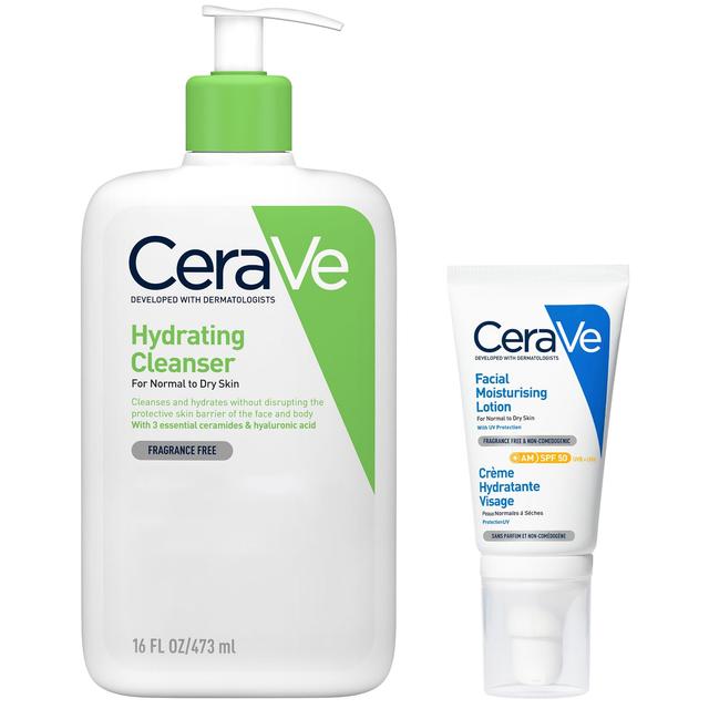 CeraVe Cleanse and Protect Face Routine for Dry Skin, Hydrating Cleanser and Facial Moisturiser with SPF 50 on Productcaster.