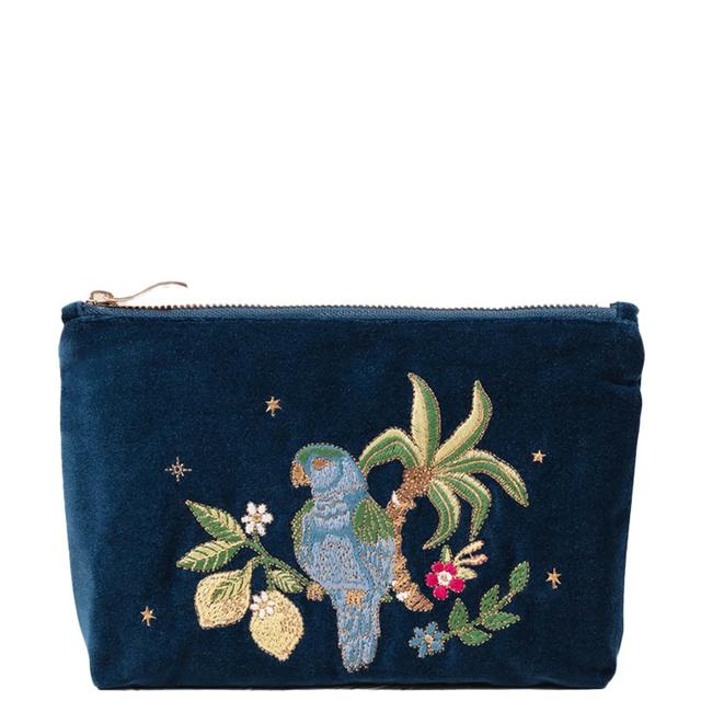 Elizabeth Scarlett Tropical Paradise Parrot Ink Blue Velvet Mini Pouch on Productcaster.