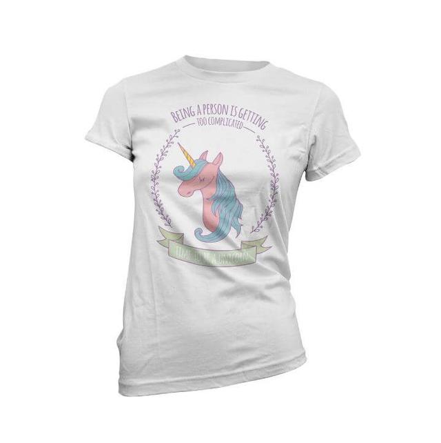 Unicorn T Shirt - Being A Person Is Getting Too Complicated Time To Be A Unicorn Women's White T-Shirt - XL - White on Productcaster.