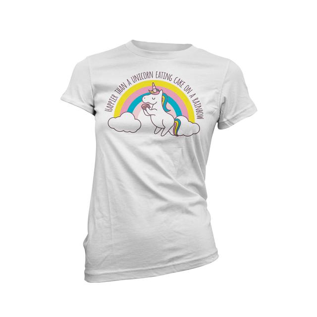 Unicorn T Shirt - Happier Than A Unicorn Eating Cake On A Rainbow Women's White T-Shirt - L - White on Productcaster.