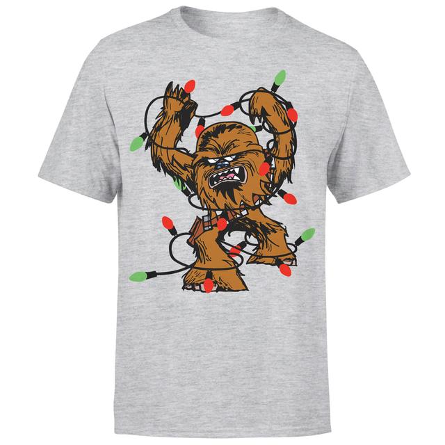 T-Shirt Star Wars Christmas Chewbacca Tangled Fairy Lights Grey - M on Productcaster.