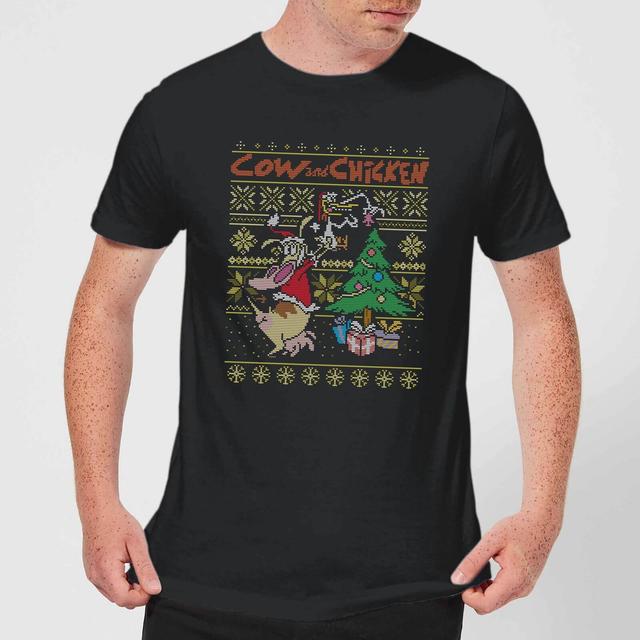 Cow and Chicken Cow And Chicken Pattern Men's Christmas T-Shirt - Black - 3XL on Productcaster.