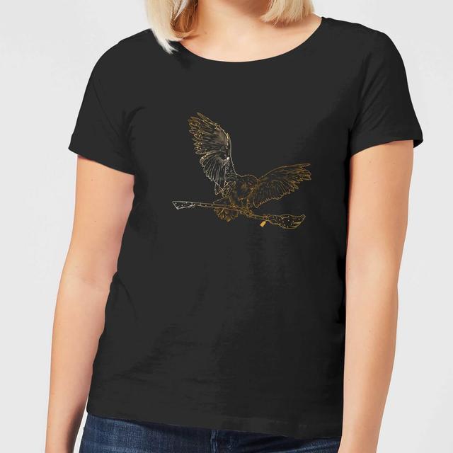 Harry Potter Hedwig Broom Gold Women's T-Shirt - Black - XL on Productcaster.