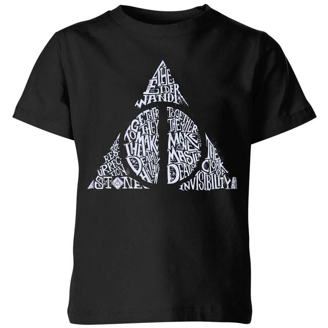 Harry Potter Deathly Hallows Text kinder t-shirt - Zwart - 122/128 (7-8 jaar) on Productcaster.