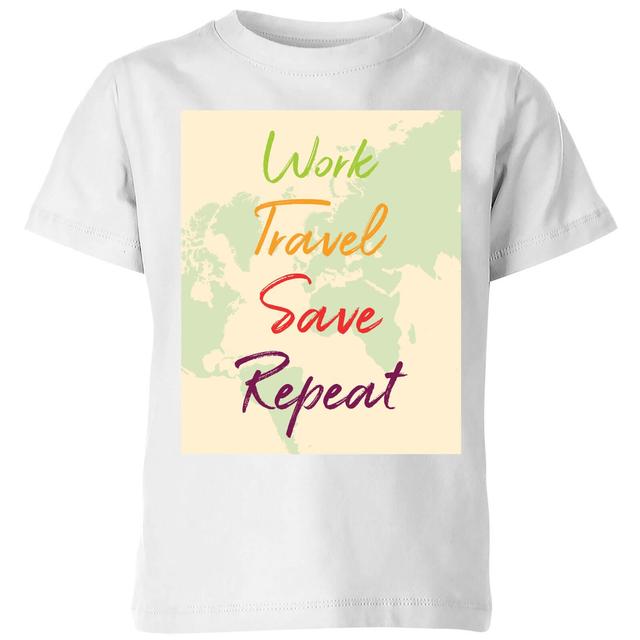 Work Travel Save Repeat Map Background Kids' T-Shirt - White - 11-12 Jahre - Weiß on Productcaster.