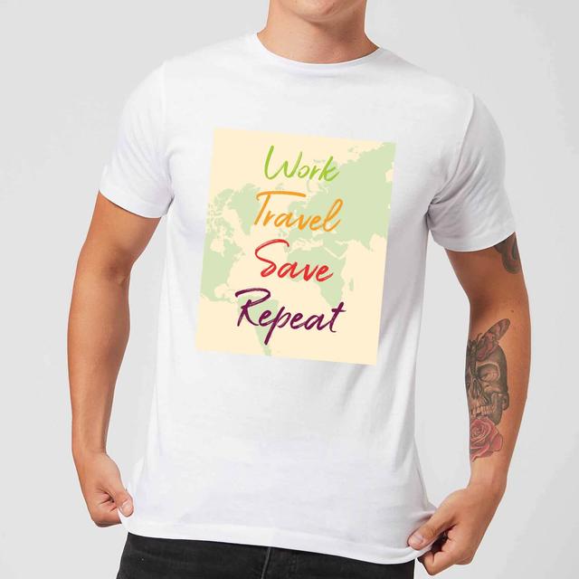 Work Travel Save Repeat Map Background Men's T-Shirt - White - S - White on Productcaster.